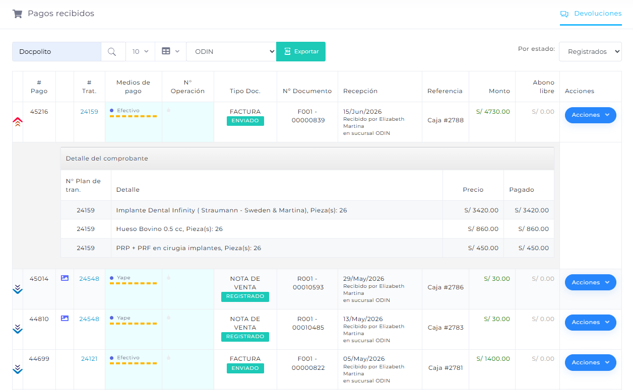 Movimientos de caja: cobros y gastos asociados con responsable y horario en Mezak