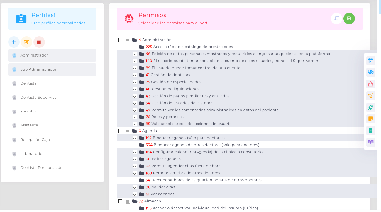 Perfiles personalizados y matriz de permisos por módulo en Mezak
